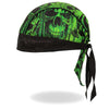 Hot Leathers Over the Top Skulls green headwrap, DOO RAGS brand, featuring bold skull design and comfortable fabric for motorcycle riders.