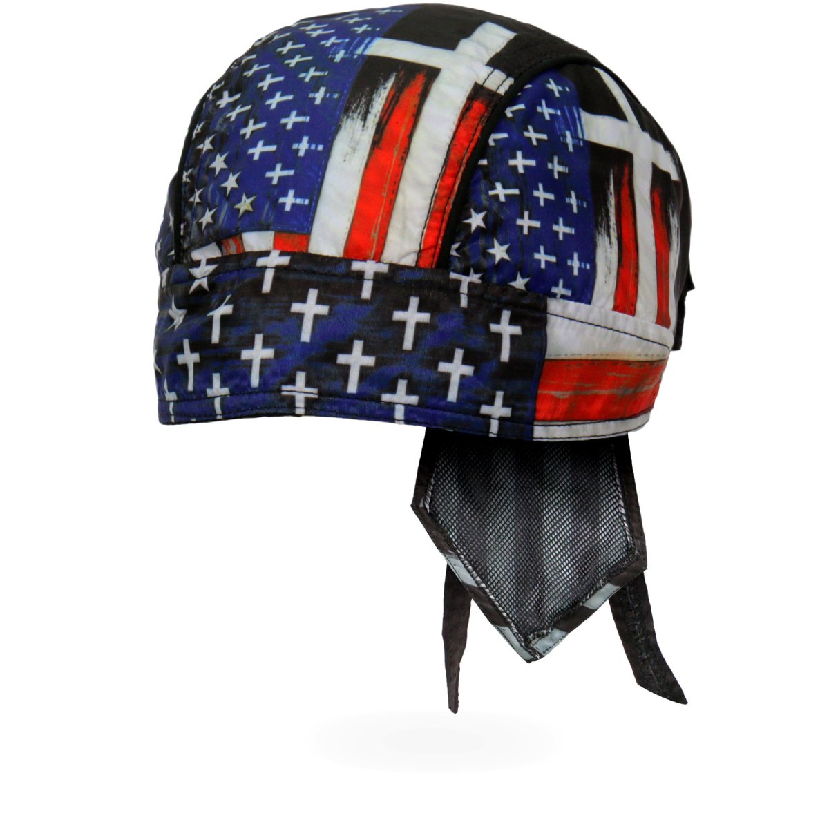 Hot Leathers DOO RAGS Flag Cross Headwrap featuring bold red, white, and blue flag design and cross pattern.