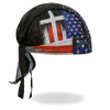 Hot Leathers DOO RAGS Flag Cross Headwrap featuring bold red, white, and blue flag design and cross pattern, styled for motorcycle riders.