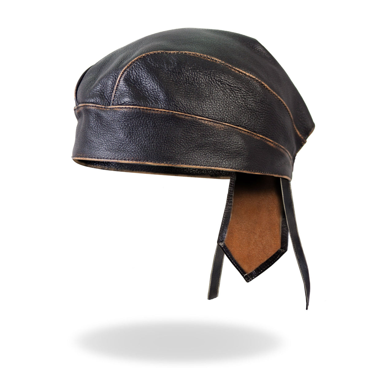 Hot Leathers Brown Rub-Off Seam Leather Headwrap for DOO RAGS, featuring stitched seam design and durable leather material.