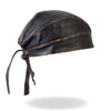 Hot Leathers HWL1008 brown rub-off seam leather headwrap with adjustable straps, designed for motorcycle riders, DOO RAGS brand.