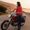 Red leather women’s motorcycle vest from Buffalo Leather Gear, stylish and durable women’s vest for motorcycle club wear.
