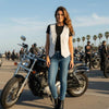 Women’s Leather Motorcycle Vest – Utility-Pocket Biker Club Style for Harley Riders, USA | HL14501White