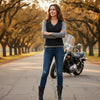 Buffalo Leather Gear women’s denim motorcycle vest with side lace details and two inside ammo pockets, stylish and functional.