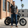 Buffalo Leather Gear men's black genuine leather motorcycle biker vest, styled for bikers and motorcycle enthusiasts.