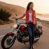 Red leather women’s motorcycle vest by Buffalo Leather Gear, featuring a stylish design and secure front closure.