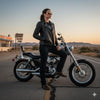 Buffalo Leather Gear women's full-length motorcycle jacket with side lace detail and ammo pocket, shown in image 24.