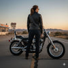 Buffalo Leather Gear women's full-length motorcycle jacket with side lace and ammo pocket, black leather, stylish and protective.