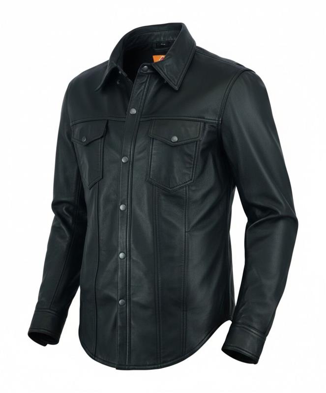 Buffalo Leather Gear men's black leather motorcycle lightweight shirt, western biker club style, soft and durable for riding.