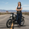 Black women's leather motorcycle vest with lace-up sides from Buffalo Leather Gear, featuring a sleek design and side lacing detail.