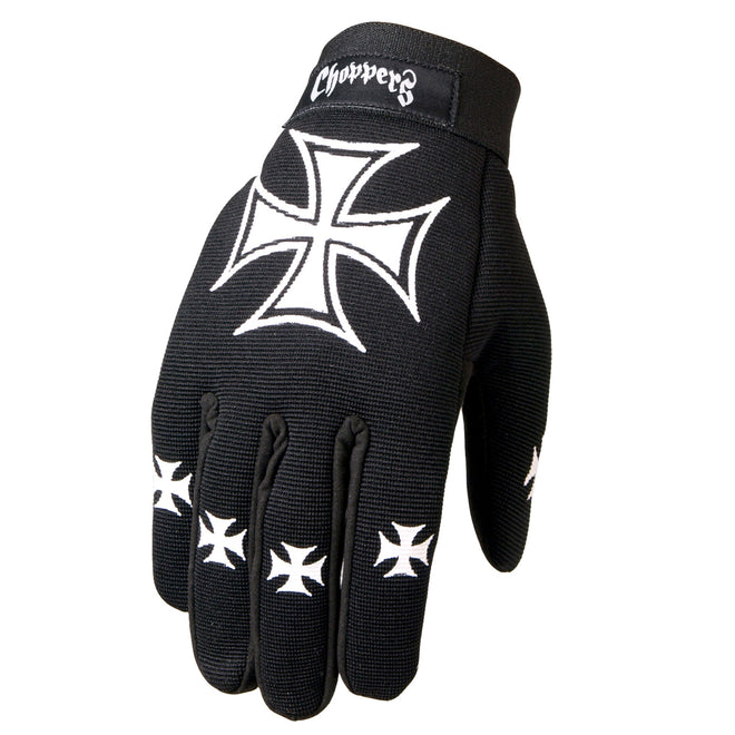 Hot Leathers GVM2001 Iron Crosses Choppers Mechanics Gloves, black leather gloves with iron cross design for motorcycle riding and mechanics.