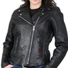 Hot Leathers women's braided motorcycle leather jacket, stylish black leather jacket with detailed braiding, front zipper, and fitted design.