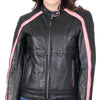 Pink striped leather women's jacket by Hot Leathers with reflective piping, featuring a stylish design and classic fit.