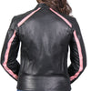 Hot Leathers women's pink striped leather jacket with reflective piping, featuring a stylish and edgy design.