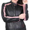 Pink striped leather women's jacket by Hot Leathers with reflective piping, featuring a stylish design and classic fit.