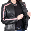 Pink striped leather women's jacket by Hot Leathers with reflective piping, featuring a stylish design and detailed stitching.