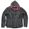 Black leather women's jacket by Hot Leathers with a removable hoodie and classic style, displayed on a hanger.