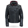 Hot Leathers women's black leather jacket with removable hoodie, stylish motorcycle-inspired women’s jacket with front zipper and side pockets.