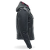 Black leather women's jacket with a removable hoodie by Hot Leathers, featuring a stylish, fitted design.
