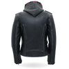Hot Leathers women's black leather jacket with removable hoodie, stylish outerwear featuring classic design and quality craftsmanship.