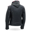 Hot Leathers women's black leather jacket with a removable hoodie, stylish and fitted, perfect for casual or edgy looks.