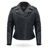 Hot Leathers women's black leather jacket with removable hoodie, stylish and fitted, featuring classic design and quality craftsmanship.