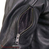 Black leather women's motorcycle jacket by Hot Leathers with plaid flannel lining and zipper details.