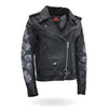 Black women's motorcycle leather jacket by Hot Leathers with rose embroidery, featuring a classic biker style and sleek design.