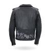 Black women's motorcycle leather jacket with rose embroidery by Hot Leathers, featuring a stylish and durable design.