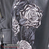 Black women's motorcycle leather jacket by Hot Leathers featuring floral rose embroidery and classic biker style.