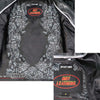 Inside view of Hot Leathers Women's Black Rose Embroidered Motorcycle Leather Jacket showcasing detailed embroidery and high-quality leather.