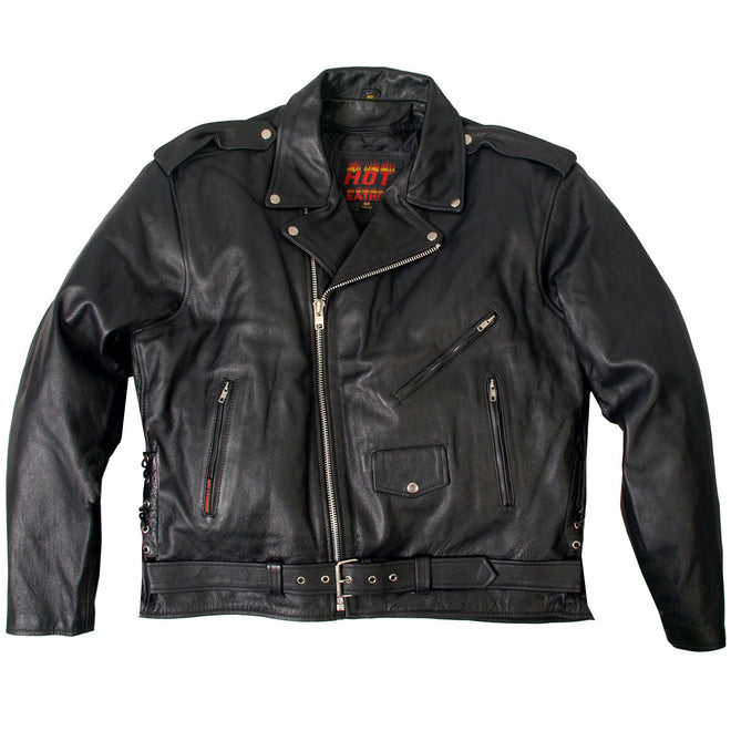 Hot Leathers men's motorcycle leather jacket with zip-out lining, classic design, black leather, and front zipper detail.