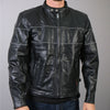 Men's leather vented scooter jacket by Hot Leathers with reflective piping, shown on a model with front view.