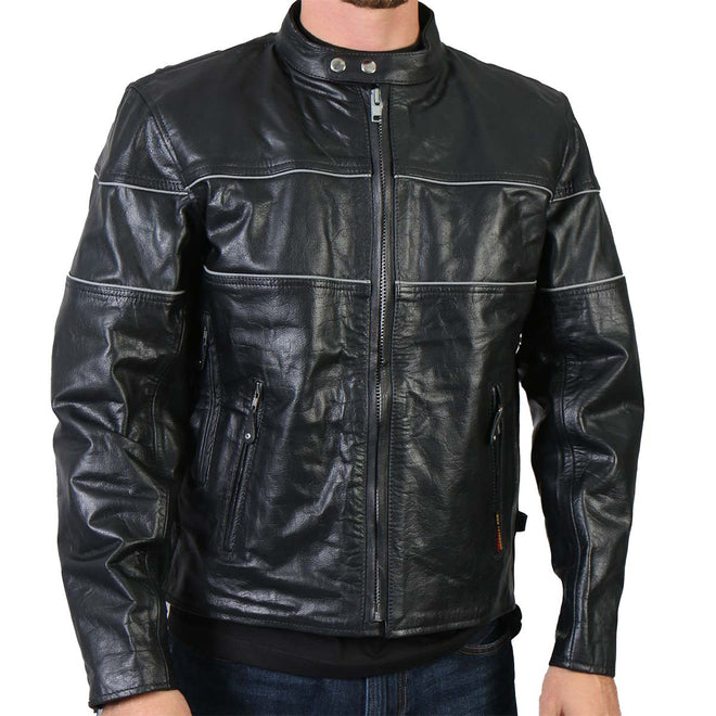 Men's leather vented scooter jacket by Hot Leathers with reflective piping, featuring a classic design and durable construction.