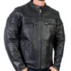 Men's black leather motorcycle jacket by Hot Leathers with double piping, featuring a classic design and metal zipper closure.