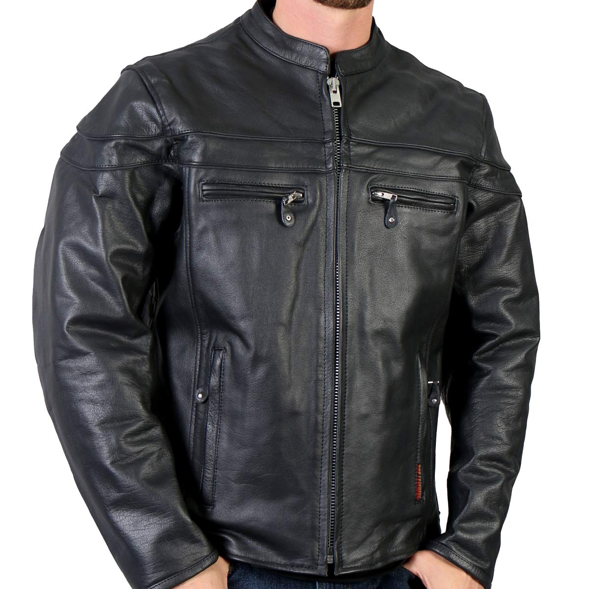 Men's black leather motorcycle jacket by Hot Leathers with double piping, featuring a classic design and metal zipper closure.