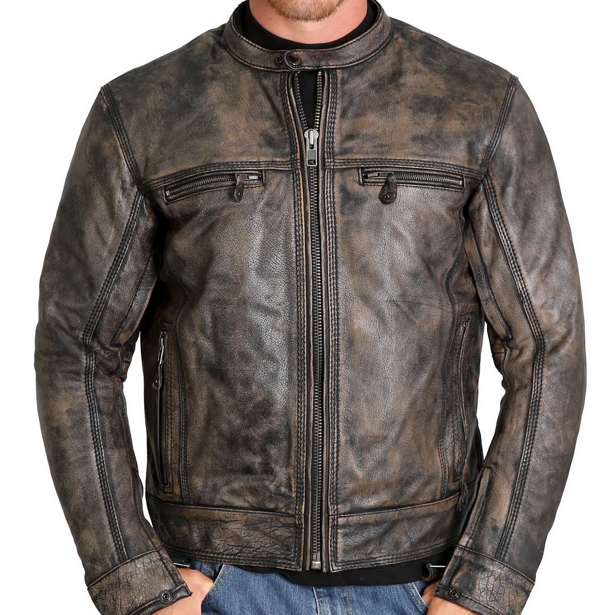 Men's distressed brown leather jacket by Hot Leathers, with inside storage pockets, stylish and rugged for casual wear.