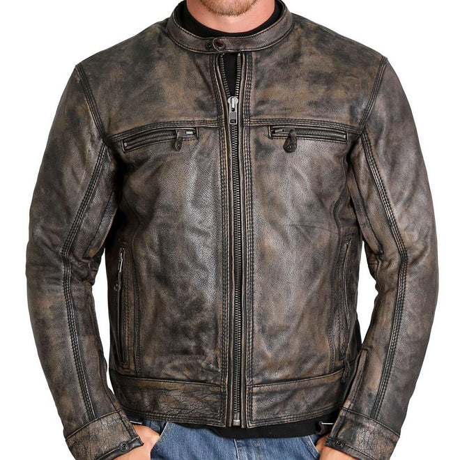 Men's distressed brown leather jacket by Hot Leathers, with inside storage pockets, stylish and rugged for casual wear.