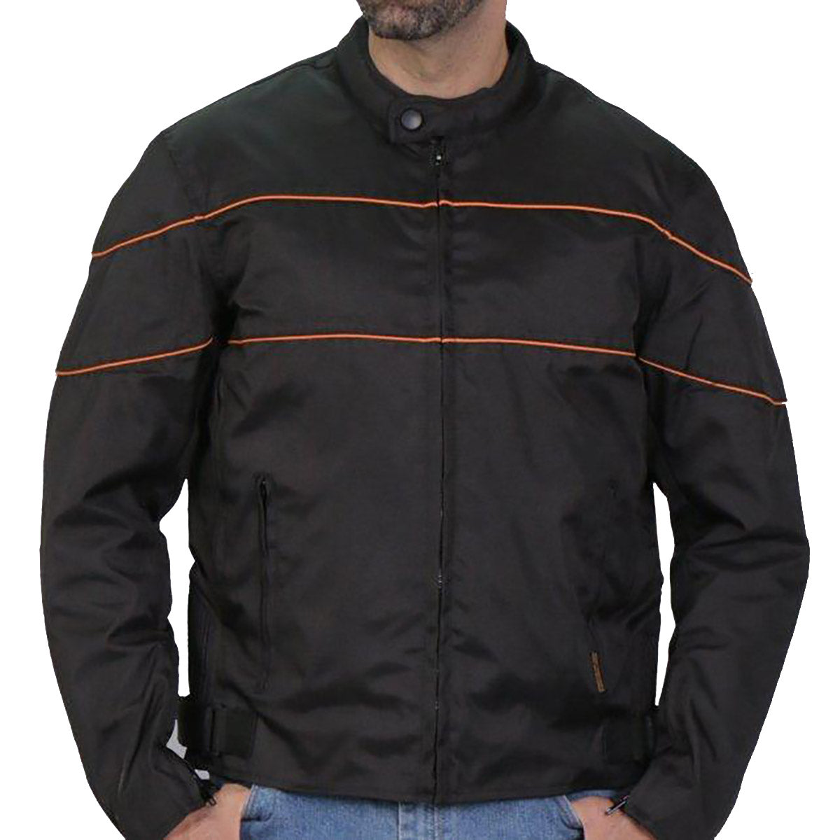 Men's black nylon jacket by Hot Leathers with orange reflective trim, featuring a front zipper and casual style.