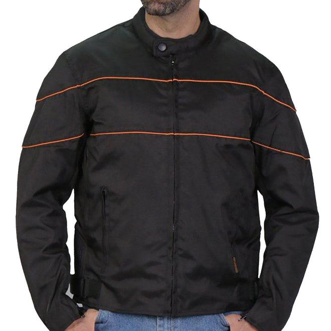 Men's black nylon jacket by Hot Leathers with orange reflective trim, featuring a front zipper and casual style.