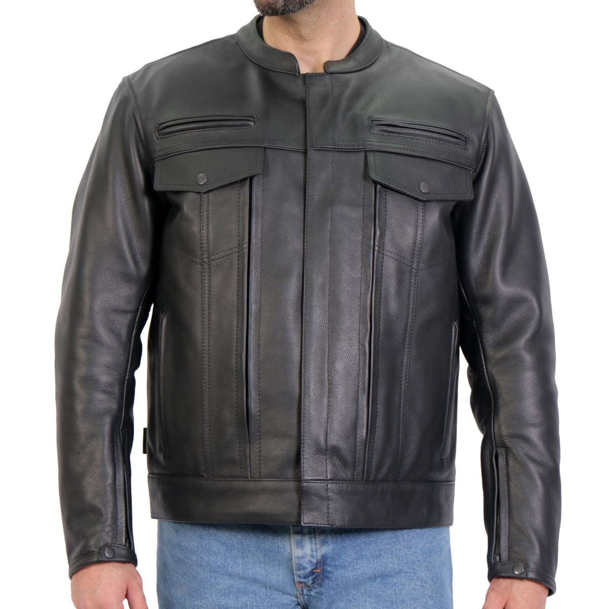 Men's black leather motorcycle jacket by Hot Leathers with zip-out lining, featuring a classic design and durable construction.