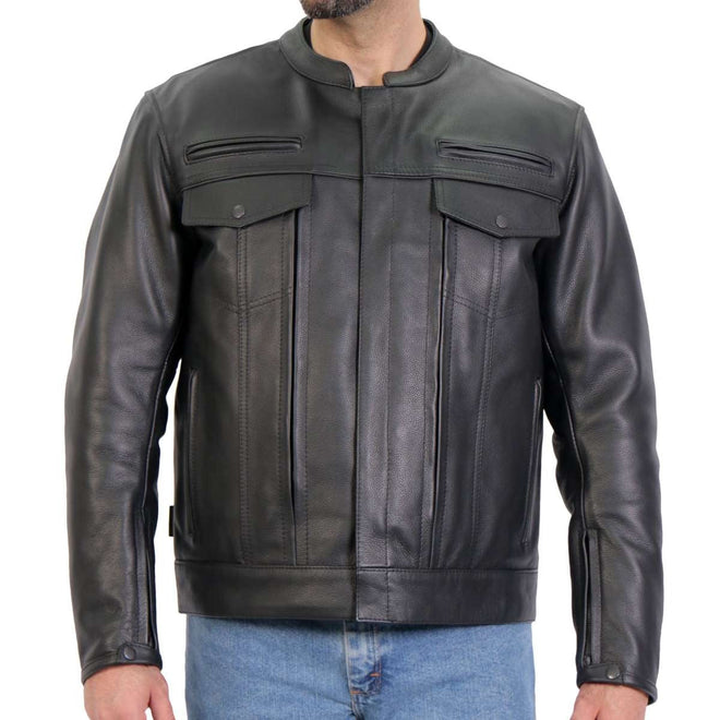 Men's black leather motorcycle jacket by Hot Leathers with zip-out lining, featuring a classic design and durable construction.