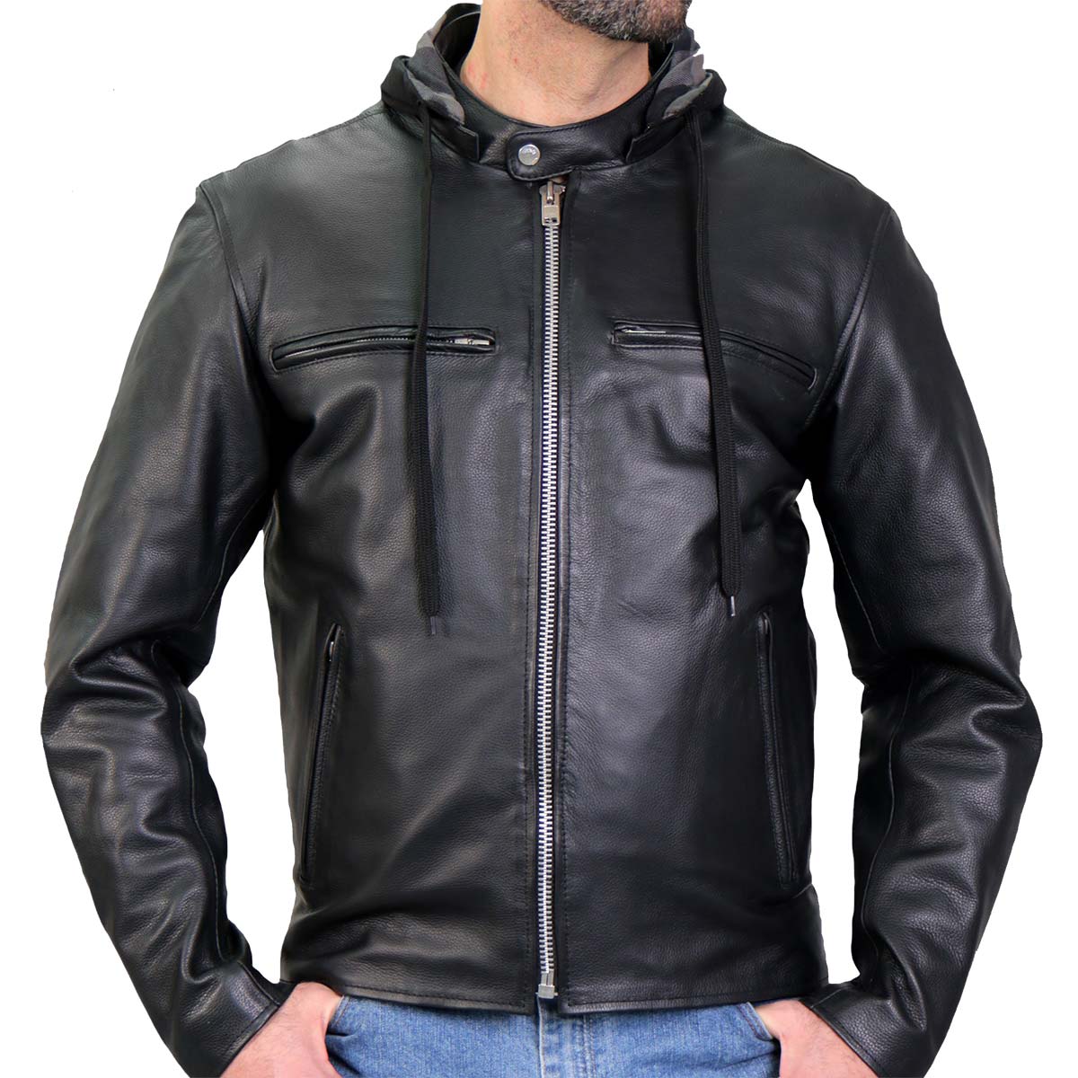 Hot Leathers JKM1030 Men’s Black ‘Utility-Pocket’ Leather Jacket with Flannel Lined Hood