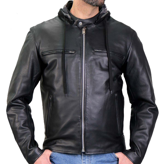 Hot Leathers JKM1030 Men’s Black ‘Utility-Pocket’ Leather Jacket with Flannel Lined Hood