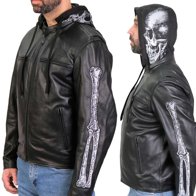 Men's Hot Leathers Skull and Bones leather jacket with flannel lining, featuring bold design and rugged style.