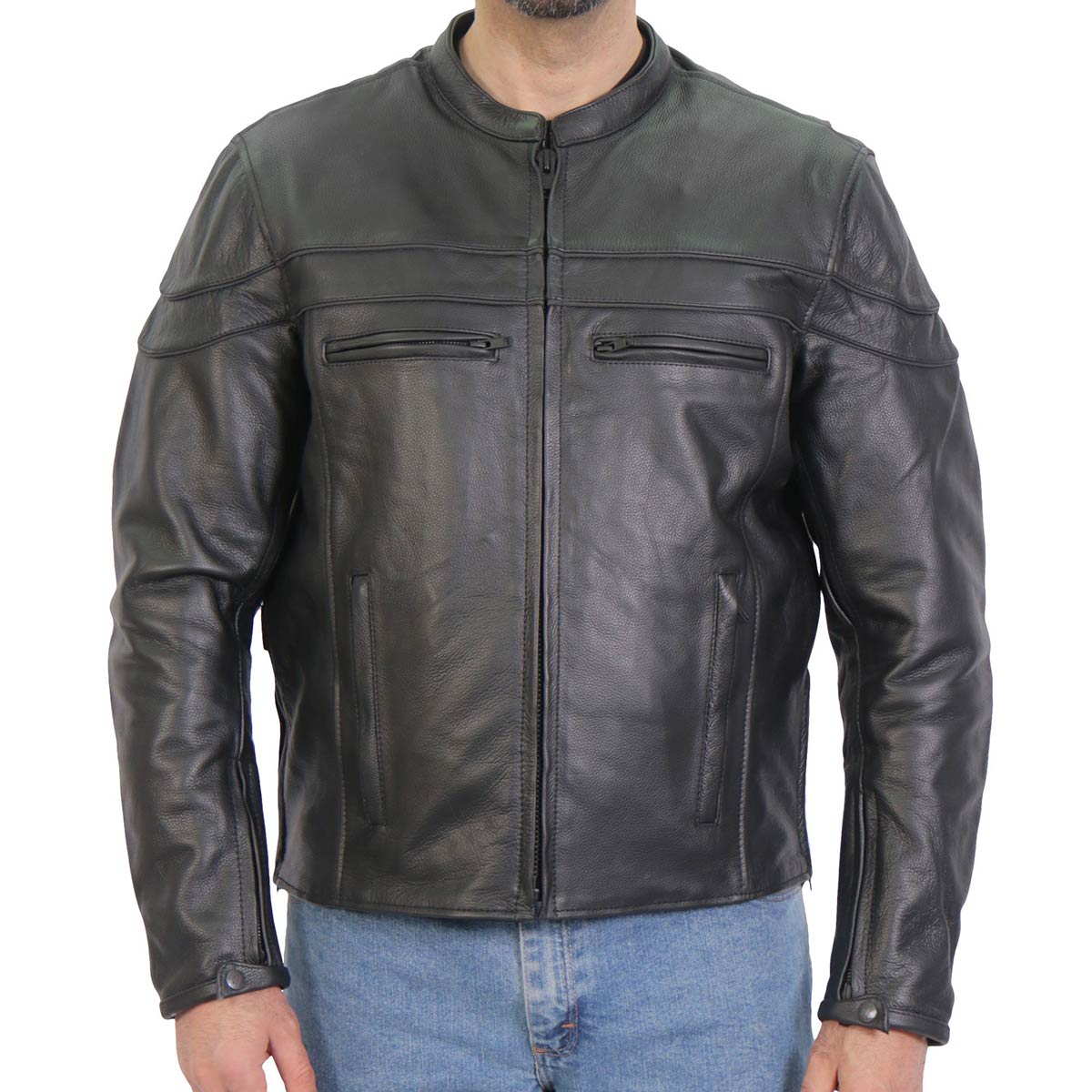 Hot Leathers JKM1032 Men’s Black ‘Skull Flag' Printed Leather Jacket with Utility Pockets