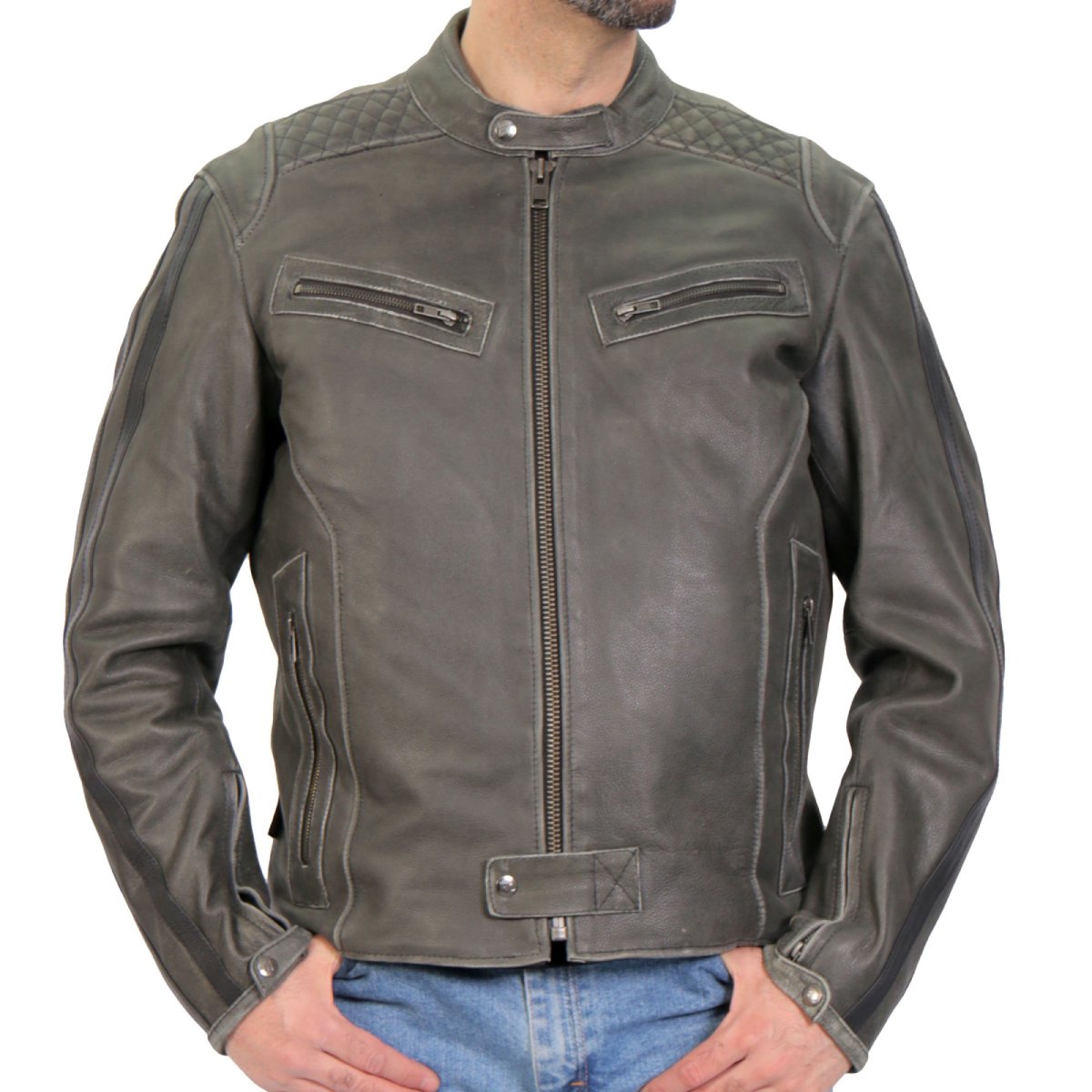 Hot Leathers JKM1033 Men’s Distress Grey ‘Café Racer' Leather Jacket with Utility Pockets