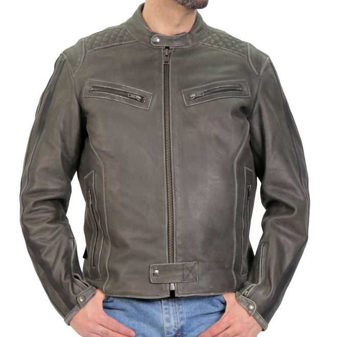 Hot Leathers JKM1033 Men’s Distress Grey ‘Café Racer' Leather Jacket with Utility Pockets