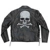 Men's black leather motorcycle jacket by Hot Leathers with skull and crossbones design, featuring classic biker style and detailed stitching.