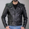 Men's black motorcycle leather jacket by Hot Leathers with skull and crossbones design, featuring classic biker style and durable leather.